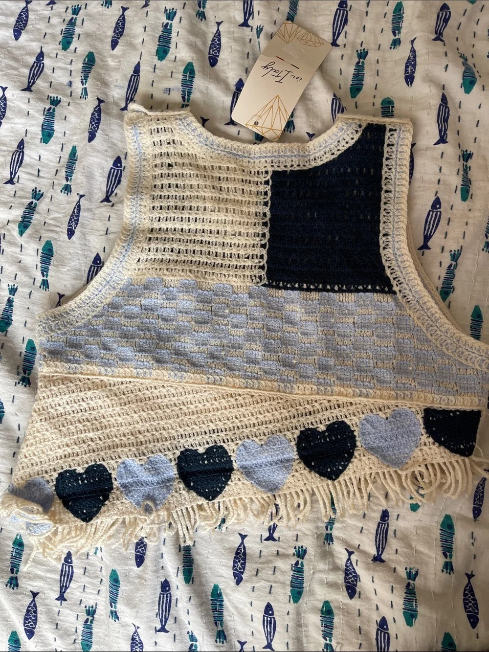 Sincerely Jules Crocheted Heart Fringe Tank Top in Cream, Light Blue & Navy - Picture 2 of 3